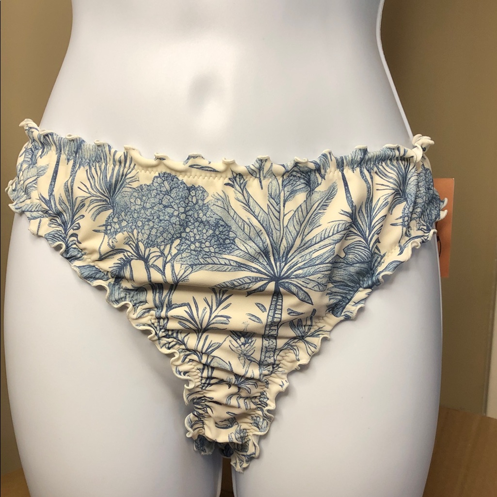 Shade & Shore Cream Bikini Bottom With Blue Tropical Print